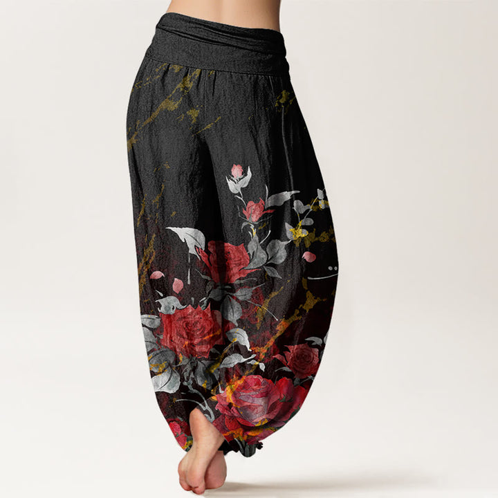 Buddha Stones Dames harembroek met elastische Taille en print van katoenen bloeiende rozen - image 2