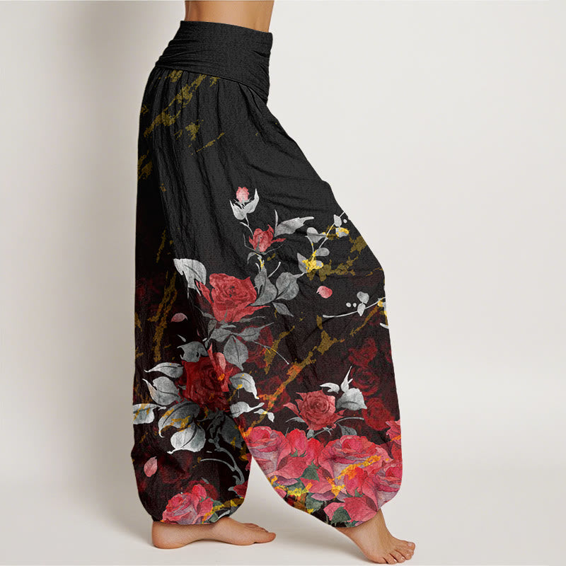 Buddha Stones Dames harembroek met elastische Taille en print van katoenen bloeiende rozen - image 1
