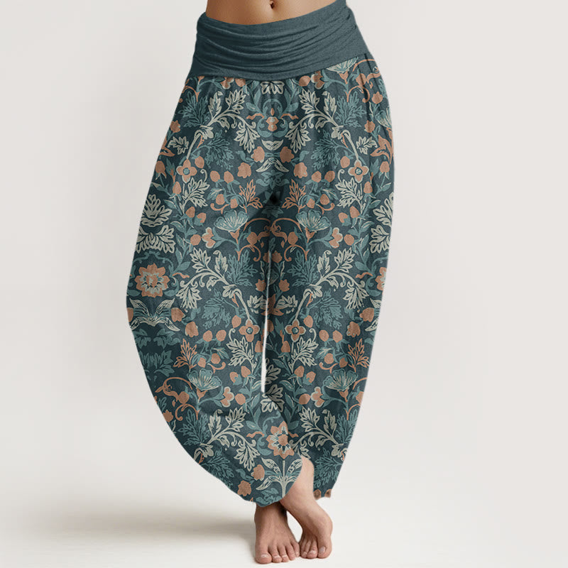Buddha Stones Casual katoenen harembroek met bloemen- en bladerenpatroon voor dames, elastische Taille - CadetBlue - US22, UK/AU26, EU54 (6XL) - image 0