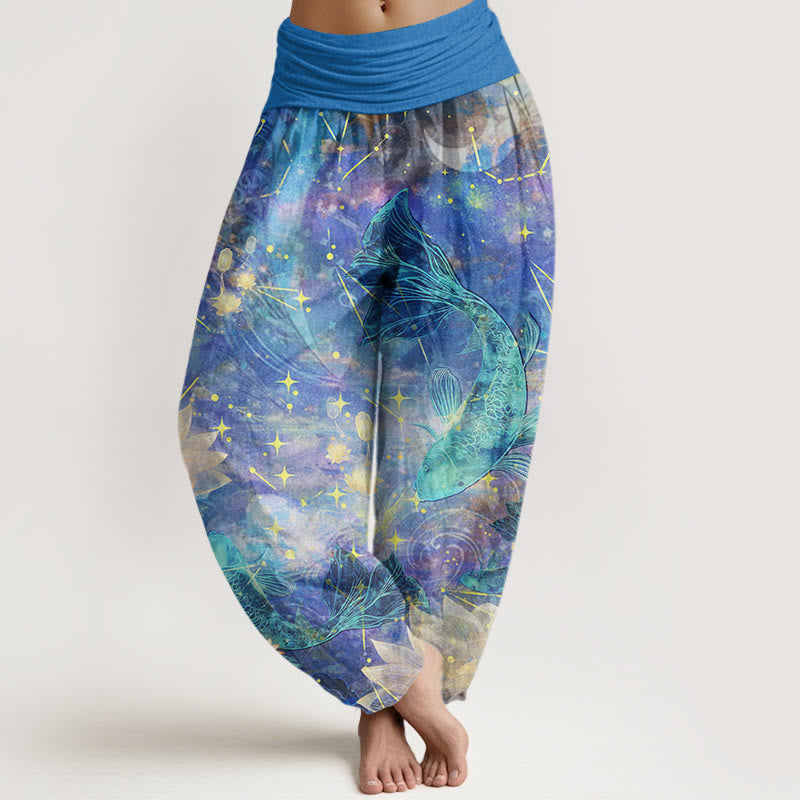 Buddha Stones Dames harembroek met elastische Taille en patroon van katoenen koivissen, lotusbloemen, maan en sterren - Korenbloemblauw - US22, UK/AU26, EU54 (6XL) - image 0
