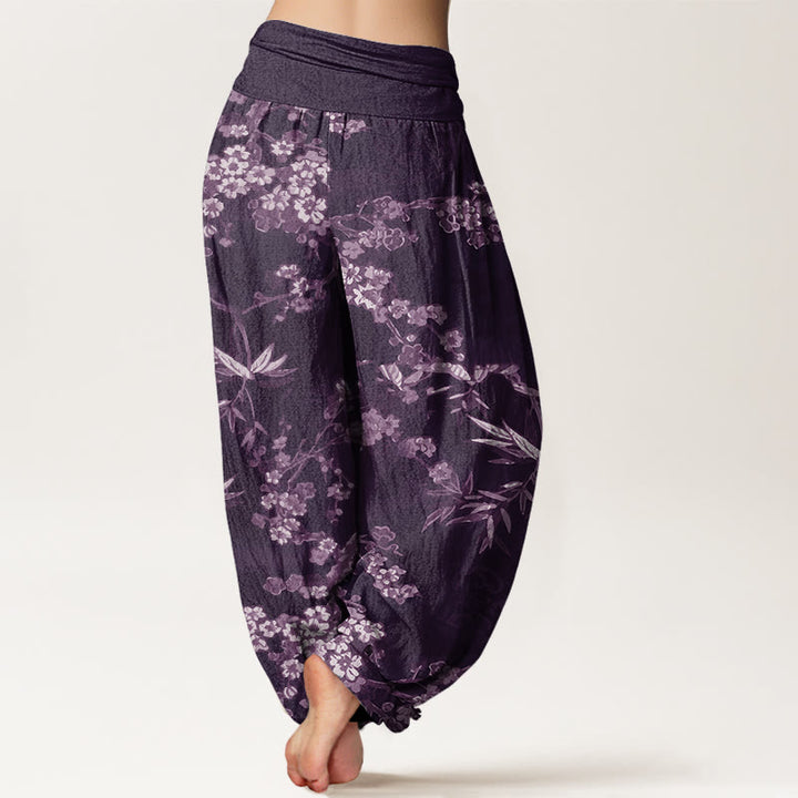 Buddha Stones Witte katoenen harembroek met sakura-bloemenpatroon en elastische Taille voor dames - image 6
