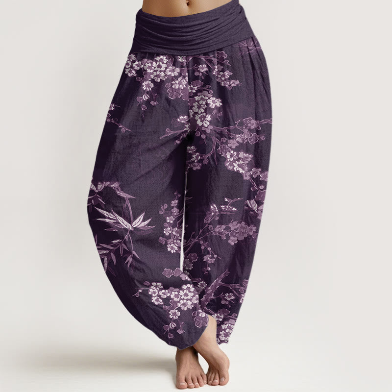 Buddha Stones Witte katoenen harembroek met sakura-bloemenpatroon en elastische Taille voor dames - Paars - US22, UK/AU26, EU54 (6XL) - image 4