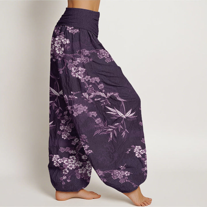 Buddha Stones Witte katoenen harembroek met sakura-bloemenpatroon en elastische Taille voor dames - image 5