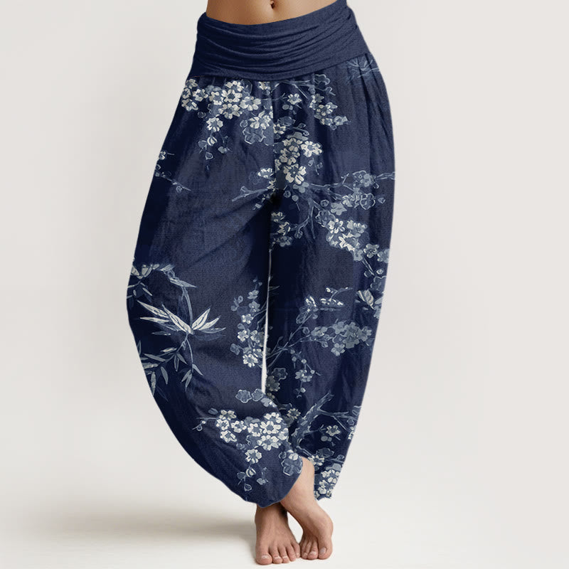 Buddha Stones Witte katoenen harembroek met sakura-bloemenpatroon en elastische Taille voor dames - Middernachtblauw - US22, UK/AU26, EU54 (6XL) - image 0