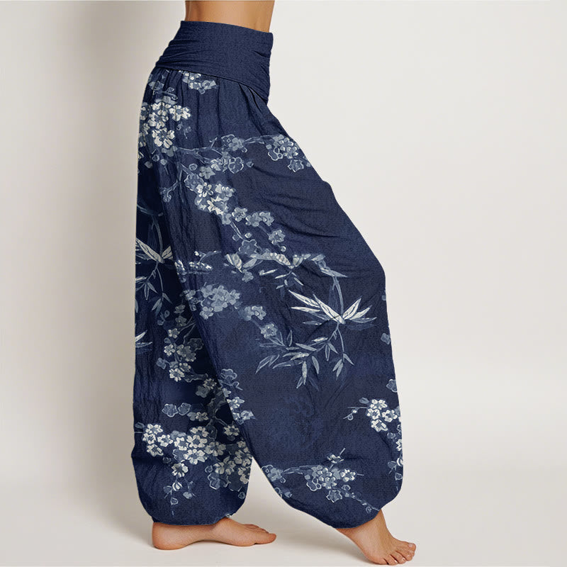 Buddha Stones Witte katoenen harembroek met sakura-bloemenpatroon en elastische Taille voor dames - image 1