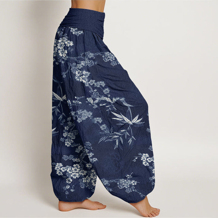 Buddha Stones Witte katoenen harembroek met sakura-bloemenpatroon en elastische Taille voor dames - image 1