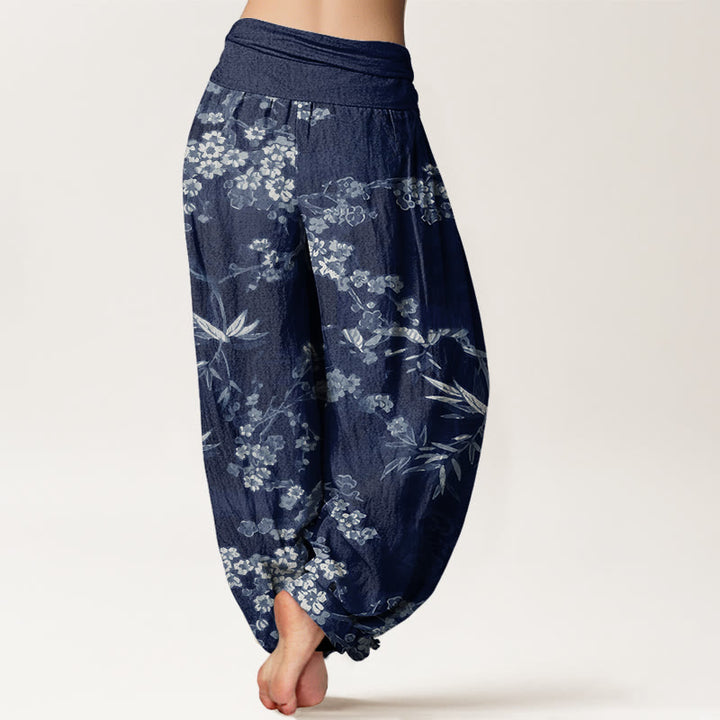 Buddha Stones Witte katoenen harembroek met sakura-bloemenpatroon en elastische Taille voor dames - image 2