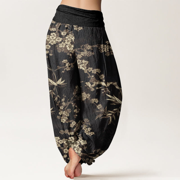 Buddha Stones Witte katoenen harembroek met sakura-bloemenpatroon en elastische Taille voor dames - image 9