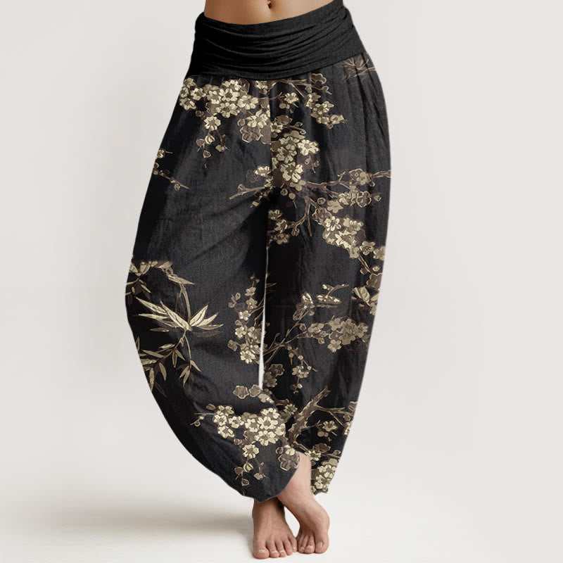 Buddha Stones Witte katoenen harembroek met sakura-bloemenpatroon en elastische Taille voor dames - Zwart - US22, UK/AU26, EU54 (6XL) - image 7