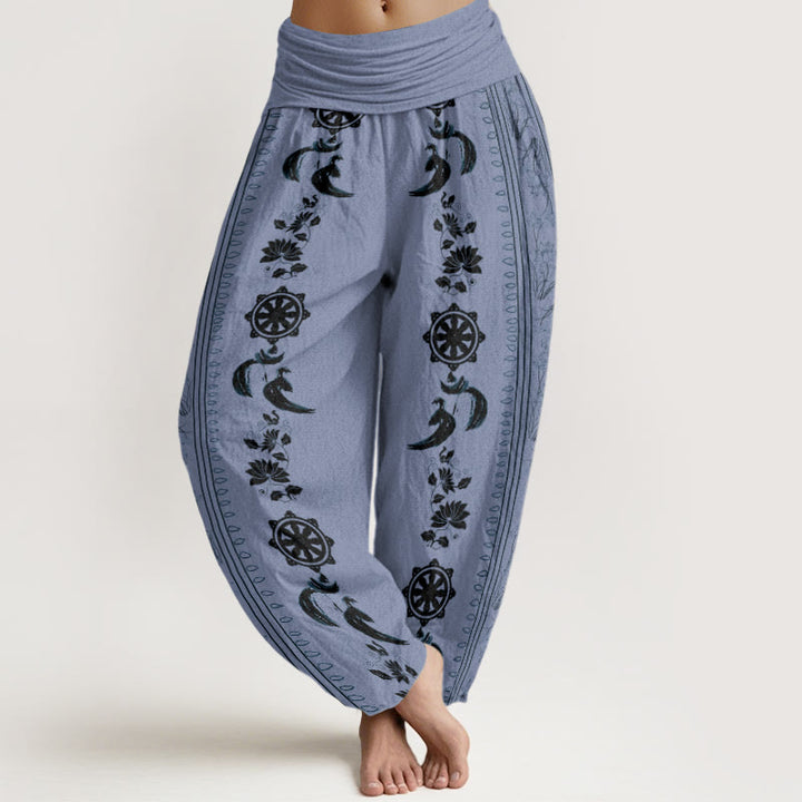 Buddha Stones Dames harembroek met elastische Taille en Dharma Wheel Lotus OM-patroon - Korenbloemblauw - US22, UK/AU26, EU54 (6XL) - image 0