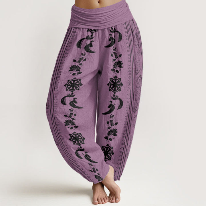 Buddha Stones Dames harembroek met elastische Taille en Dharma Wheel Lotus OM-patroon - Pruim - US22, UK/AU26, EU54 (6XL) - image 5