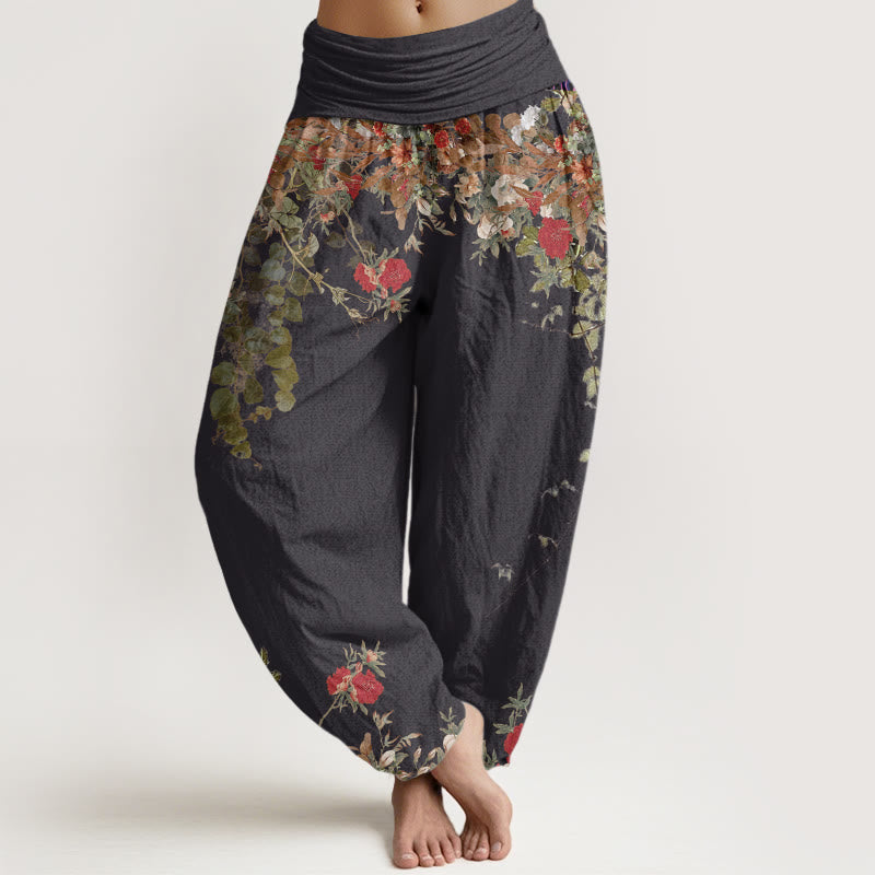 Buddha Stones Casual katoenen damesharembroek met rode pioenrozenprint en elastische Taille . - Zwart - US22, UK/AU26, EU54 (6XL) - image 0