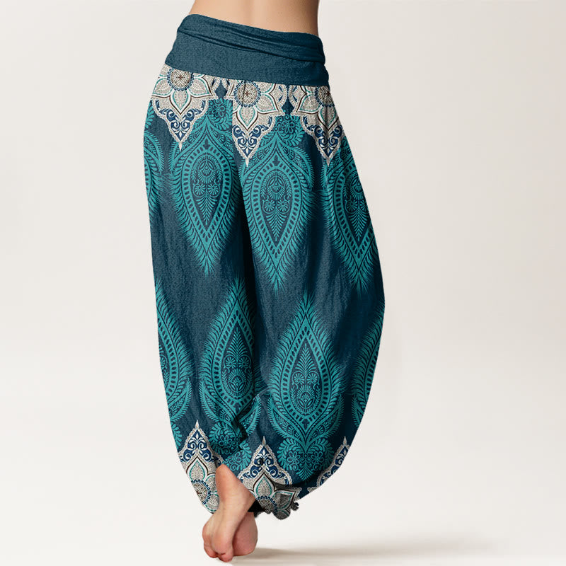 Buddha Stones Casual katoenen harembroek met veren- en bloemendesign voor dames, elastische Taille - image 2