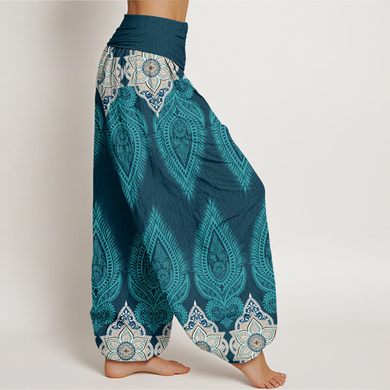 Buddha Stones Casual katoenen harembroek met veren- en bloemendesign voor dames, elastische Taille - image 1