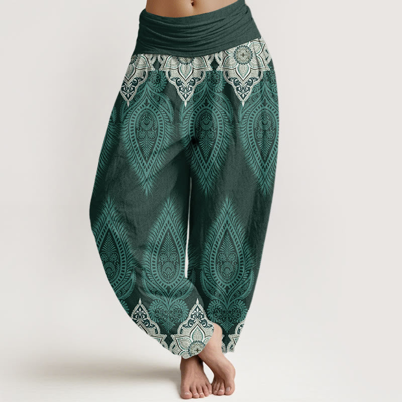 Buddha Stones Casual katoenen harembroek met veren- en bloemendesign voor dames, elastische Taille - CadetBlue - US22, UK/AU26, EU54 (6XL) - image 4