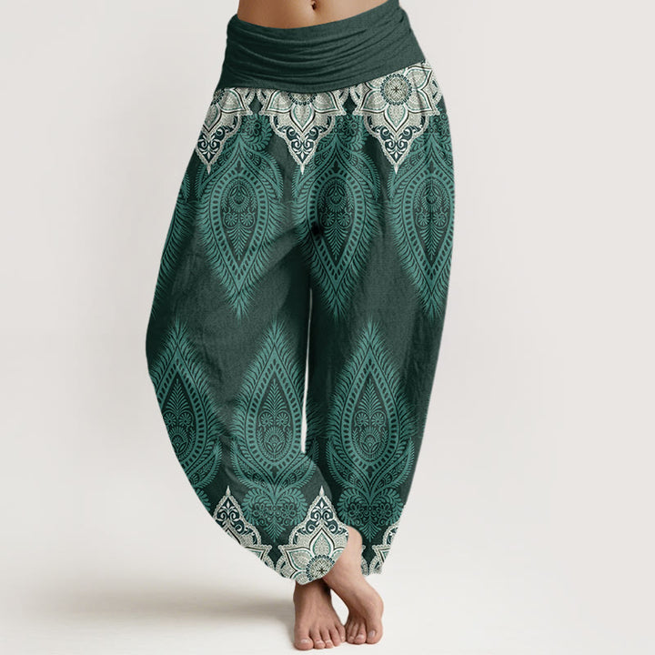 Buddha Stones Casual katoenen harembroek met veren- en bloemendesign voor dames, elastische Taille - CadetBlue - US22, UK/AU26, EU54 (6XL) - image 4