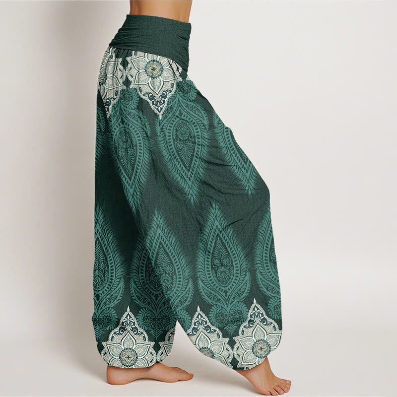 Buddha Stones Casual katoenen harembroek met veren- en bloemendesign voor dames, elastische Taille - image 5
