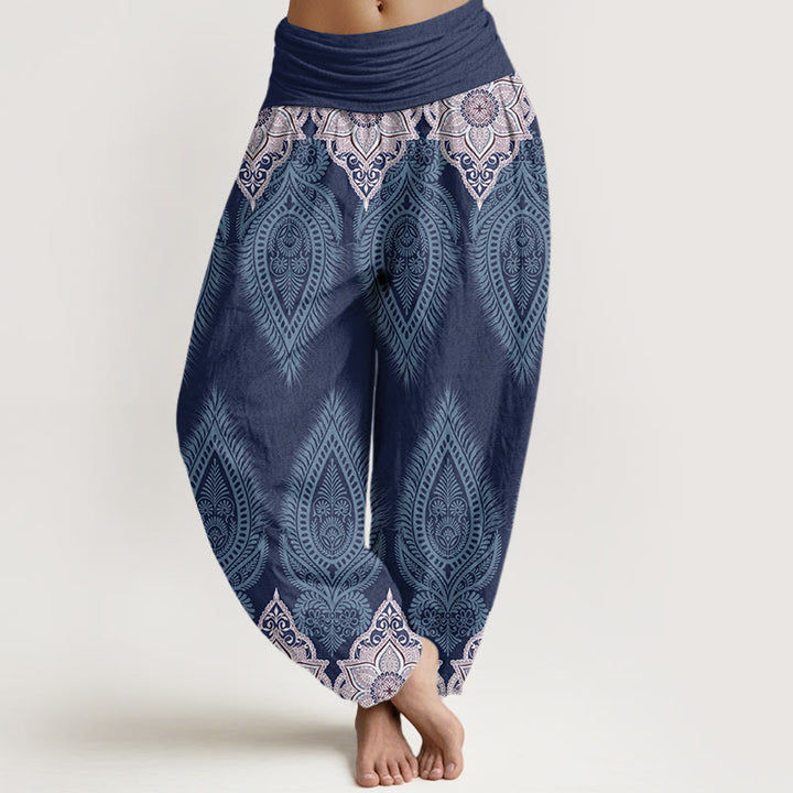 Buddha Stones Casual katoenen harembroek met veren- en bloemendesign voor dames, elastische Taille - Middelpaars - US22, UK/AU26, EU54 (6XL) - image 7
