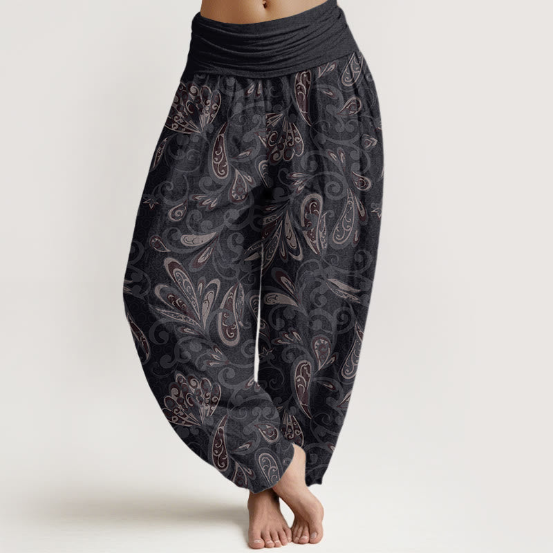 Buddha Stones Casual katoenen harembroek met bloemblaadjesdesign en elastische Taille voor dames - Zwart - US22, UK/AU26, EU54 (6XL) - image 0