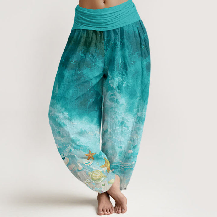 Buddha Stones Dames harembroek met elastische Taille en uitgestrekt oceaanpatroon van katoen - Lichtzeegroen - US22, UK/AU26, EU54 (6XL) - image 0