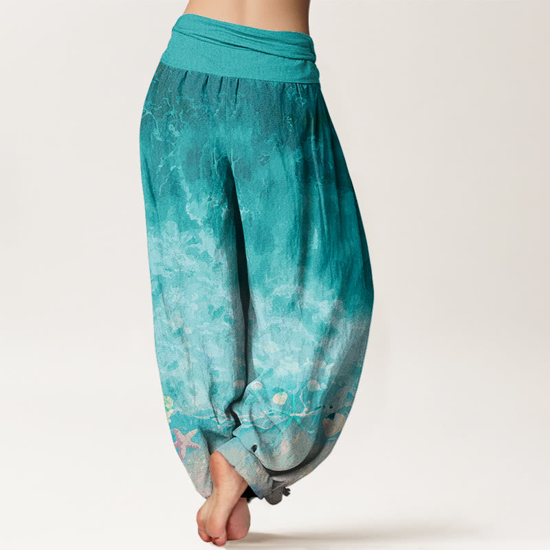Buddha Stones Dames harembroek met elastische Taille en uitgestrekt oceaanpatroon van katoen - image 2