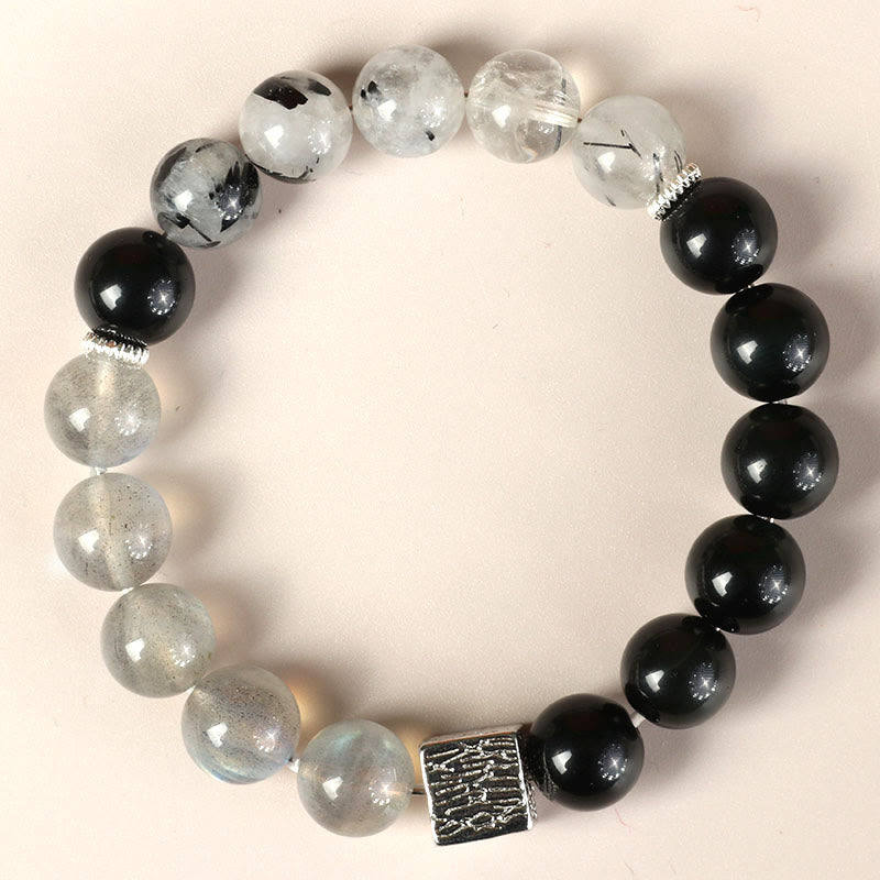 Buddha Stones Armband met zwarte obsidiaan, zwarte rutielkwarts, maansteen en kubusvormige kracht. - image 1