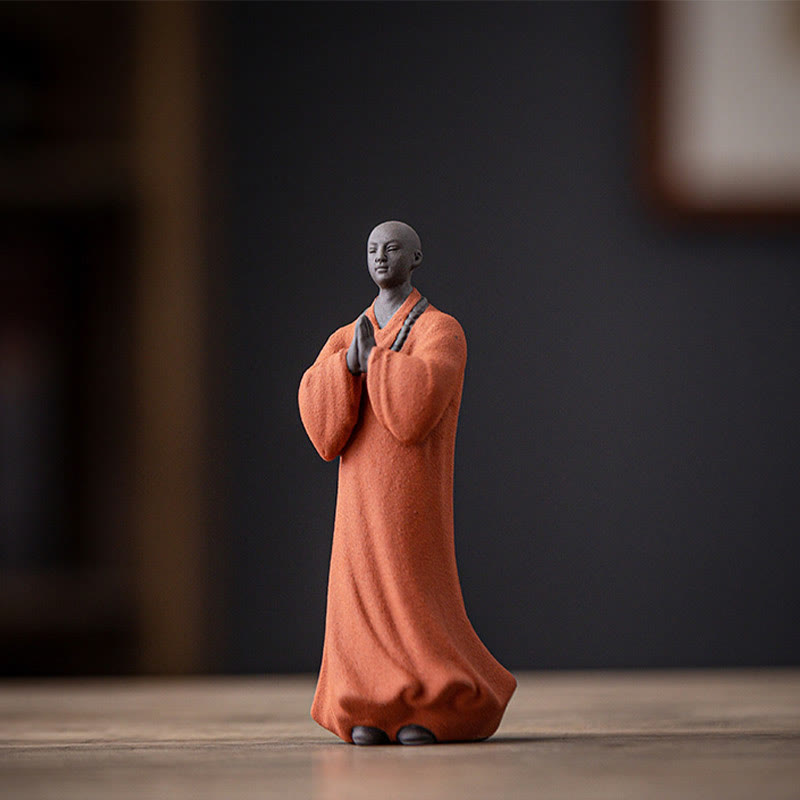 Buddha Stones Keramisch beeldje van een mediterende, biddende monnik, symbool van mededogen en sereniteit, woondecoratie - Oranje monnik 5*5*13cm - image 4