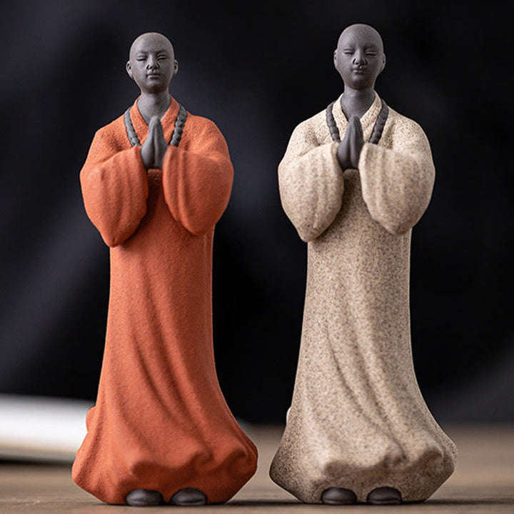 Buddha Stones Keramisch beeldje van een mediterende, biddende monnik, symbool van mededogen en sereniteit, woondecoratie - image 9