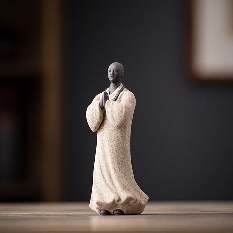 Buddha Stones Keramisch beeldje van een mediterende, biddende monnik, symbool van mededogen en sereniteit, woondecoratie - Witte monnik 5*5*13cm - image 11