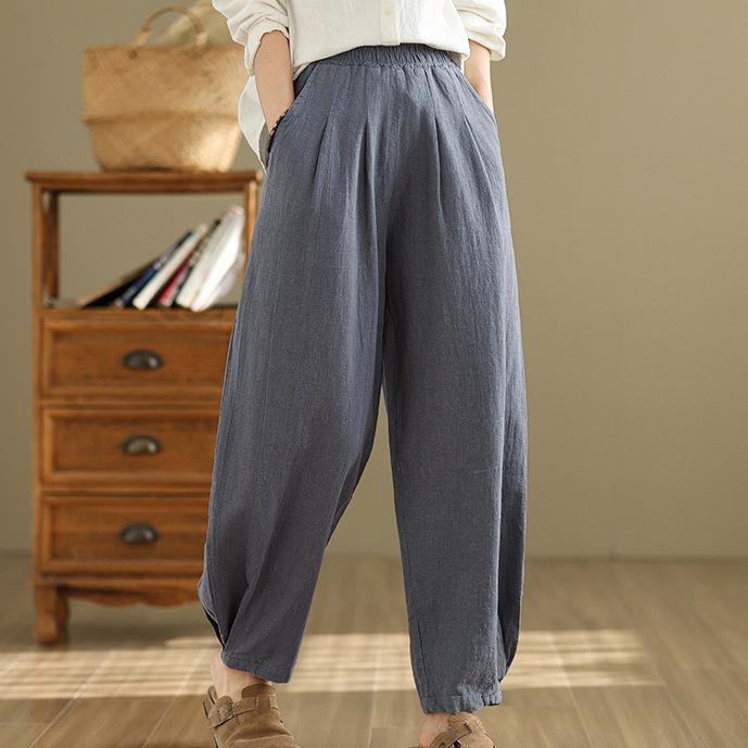 Buddha Stones Casual damesbroek van effen katoen-linnen met taps toelopende elastische tailleband en Zakken. - Staalblauw - US8-10，UK/AU12-14，EU40-42 (2XL) - image 0