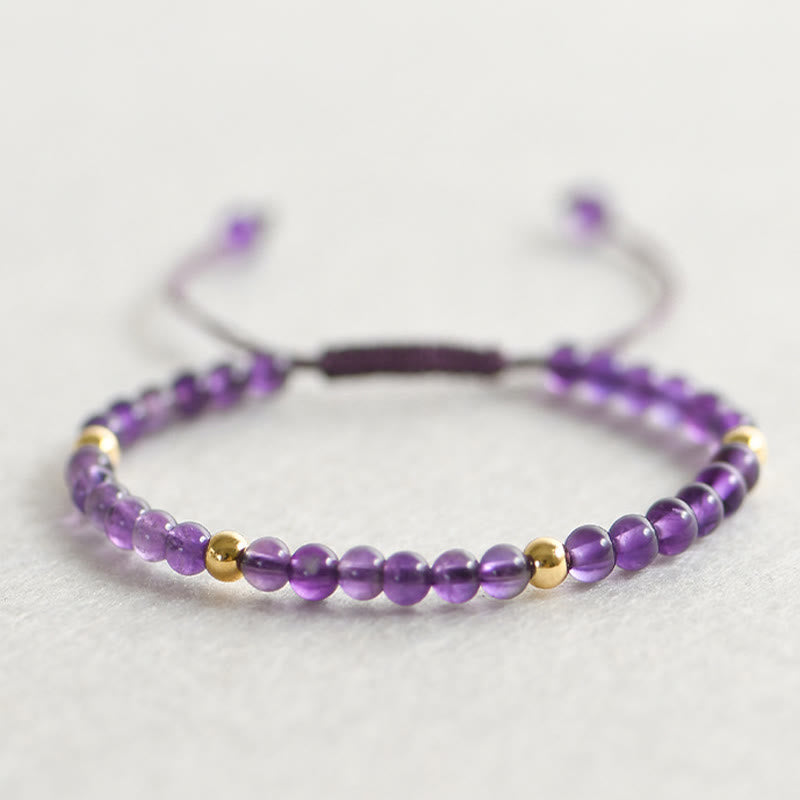 Buddha Stones Armband met handgemaakte, natuurlijke amethist kralen van 4 mm, verguld met 14k goud en gevlochten koper, voor stressvermindering. - 4 mm amethist (Polsomtrek: 15-18 cm) - image 0