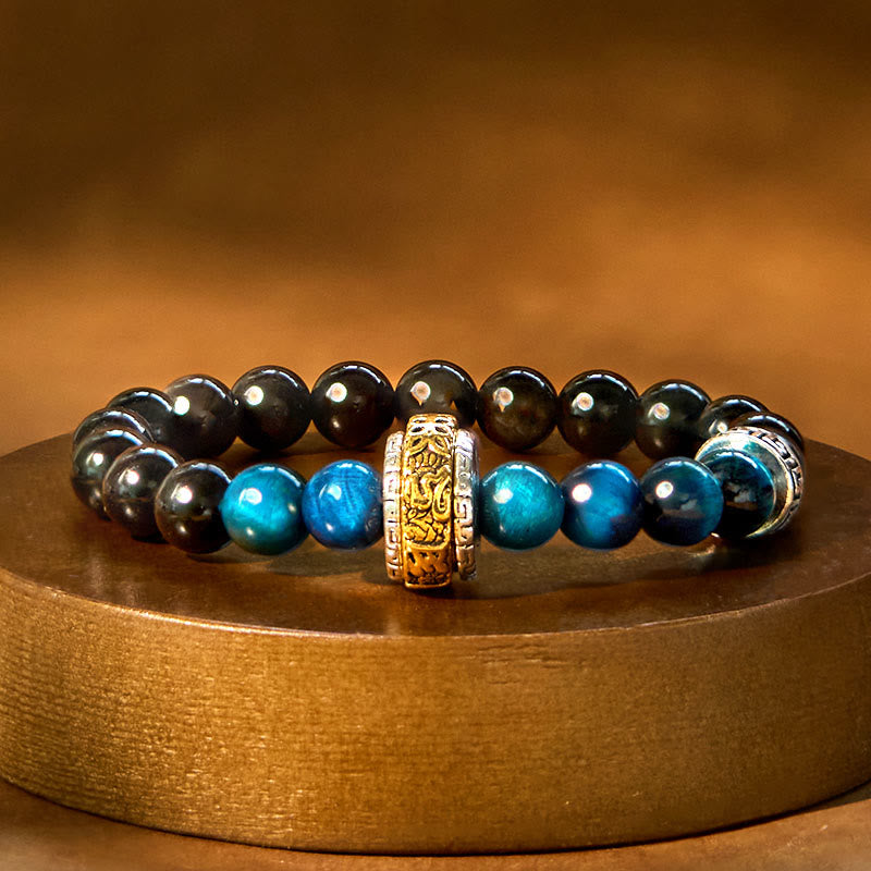 Buddha Stones Zilveren Obsidiaan Blauwe Tijgeroog Om Mani Padme Hum Armband - Zilverglanzende obsidiaanblauwe tijgeroog (Polsomtrek: 15-16 cm) - image 0