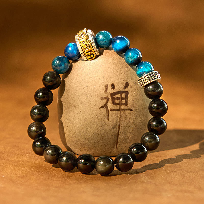 Buddha Stones Zilveren Obsidiaan Blauwe Tijgeroog Om Mani Padme Hum Armband - image 1