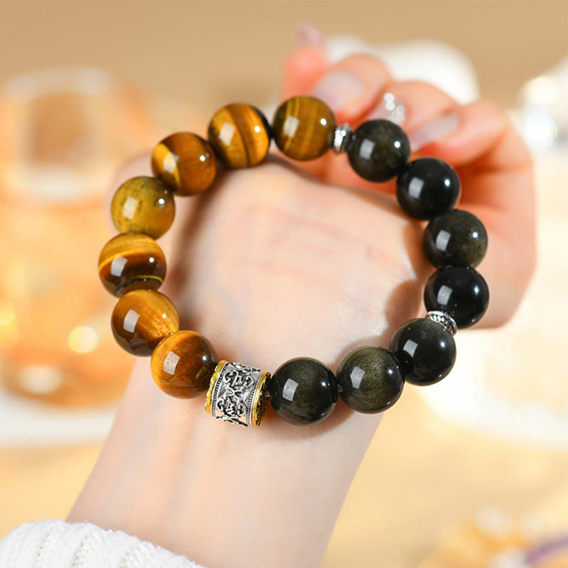 Buddha Stones Tijgeroog Goudglans Obsidiaan Om Mani Padme Hum Armband - image 4