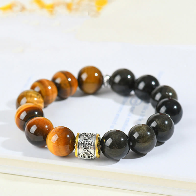 Buddha Stones Tijgeroog Goudglans Obsidiaan Om Mani Padme Hum Armband - image 3