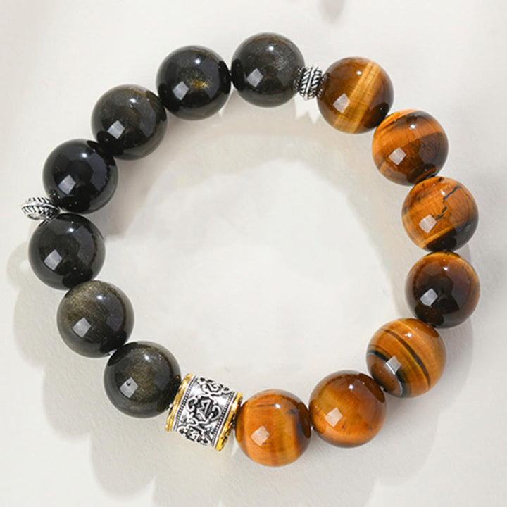 Buddha Stones Tijgeroog Goudglans Obsidiaan Om Mani Padme Hum Armband - Obsidiaan met gouden glans en tijgeroog (Polsomtrek 15-17 cm) - image 0