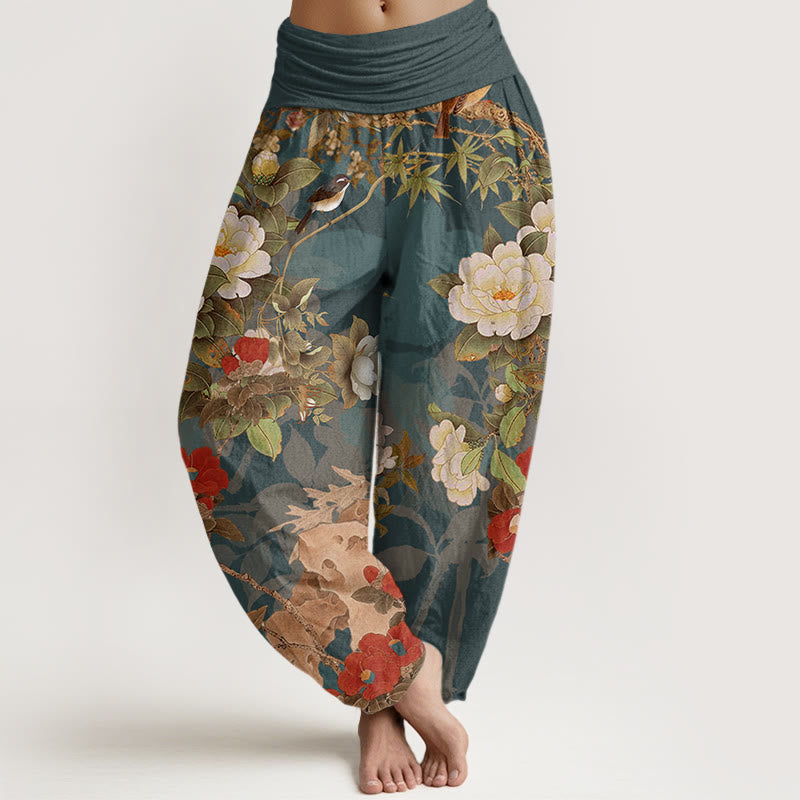 Buddha Stones Katoenen casual harembroek met pioenrozen, bladeren en eksterprint voor dames, elastische Taille - Teal - US22, UK/AU26, EU54 (6XL) - image 0