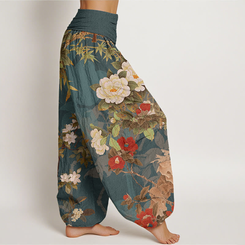 Buddha Stones Katoenen casual harembroek met pioenrozen, bladeren en eksterprint voor dames, elastische Taille - image 1