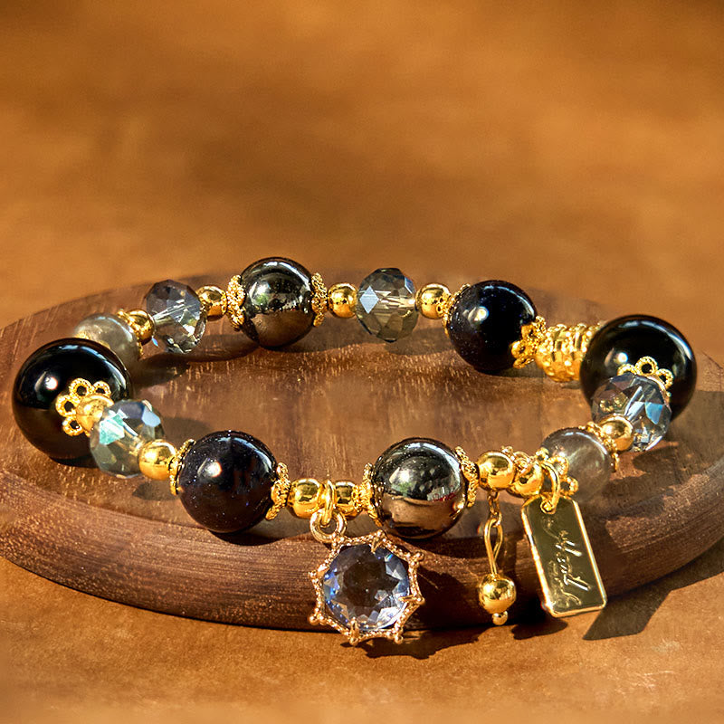 Buddha Stones Armband van natuurlijke zwarte obsidiaan, hematiet en blauwe zandsteen voor extra kracht. - image 1