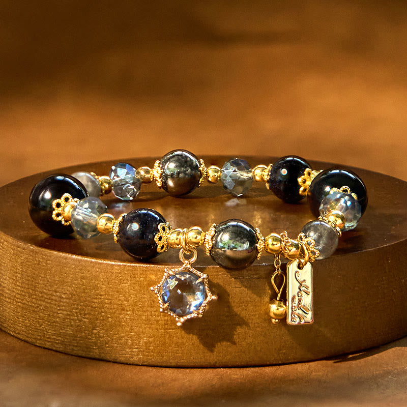 Buddha Stones Armband van natuurlijke zwarte obsidiaan, hematiet en blauwe zandsteen voor extra kracht. - Zwarte obsidiaan hematiet (Polsomtrek: 15-16 cm) - image 0