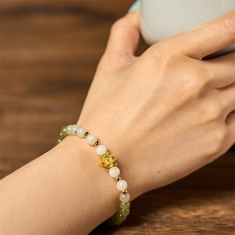 Buddha Stones Armband van natuurlijke Hetian-jade met kleurverloop en lotusbloemmotief. - image 5