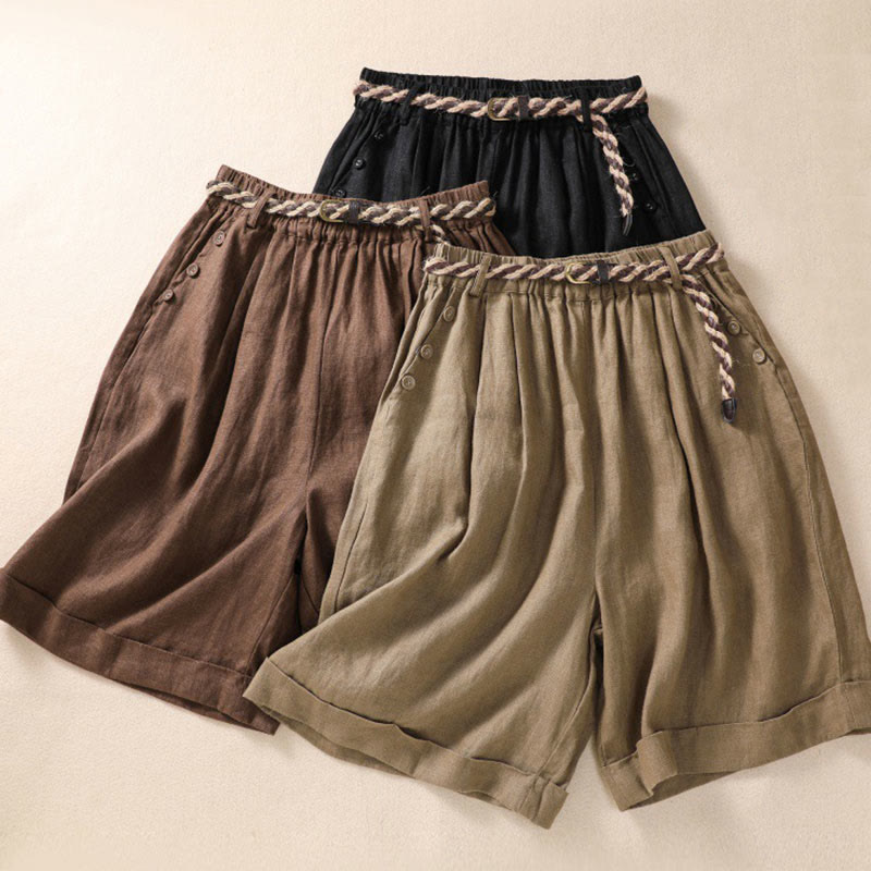 Buddha Stones Casual effen katoenen linnen damesshorts met omgeslagen Mouwboord en Zakken , voorzien van een riempje. - image 1