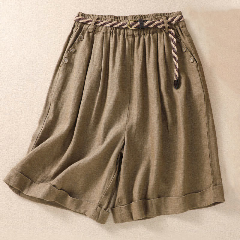 Buddha Stones Casual effen katoenen linnen damesshorts met omgeslagen Mouwboord en Zakken , voorzien van een riempje. - Donker kaki - US8-10，UK/AU12-14，EU40-42 (2XL) - image 0