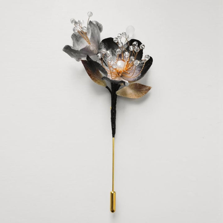 Buddha Stones Handgemaakte Broche met fluwelen bloemen, moerbeizijde en bladeren. - Bloem - image 0