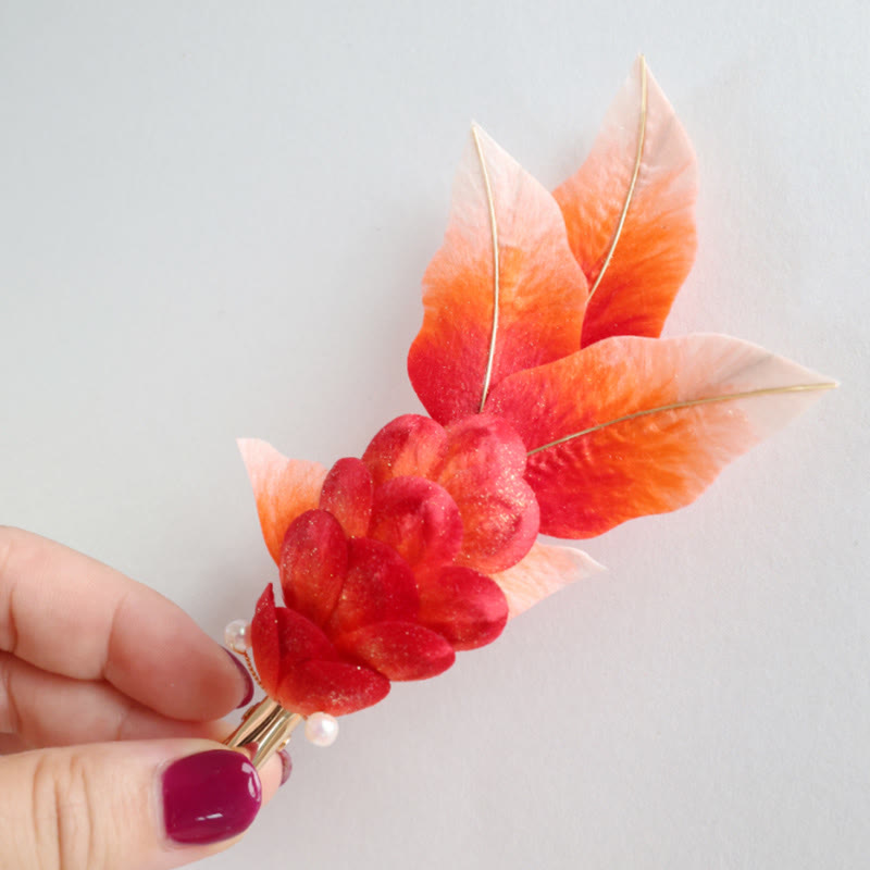Buddha Stones Handgemaakte Yangzhou fluwelen bloem broche van moerbeizijde met rode koi- Broche - Haarclip - image 4