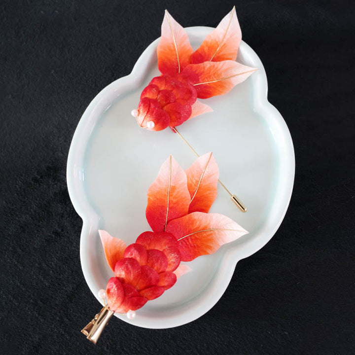 Buddha Stones Handgemaakte Yangzhou fluwelen bloem broche van moerbeizijde met rode koi- Broche - image 15