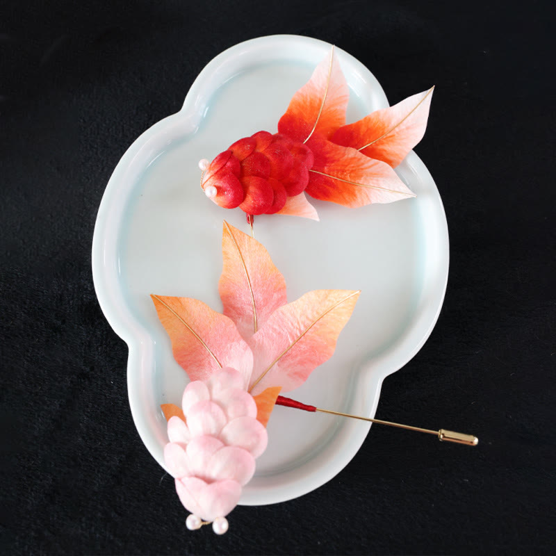 Buddha Stones Handgemaakte Yangzhou fluwelen bloem broche van moerbeizijde met rode koi- Broche - image 17