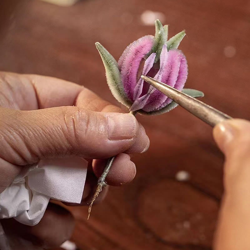 Buddha Stones Handgemaakte Yangzhou fluwelen bloem Broche van moerbeizijde met perzikbloesem - image 9