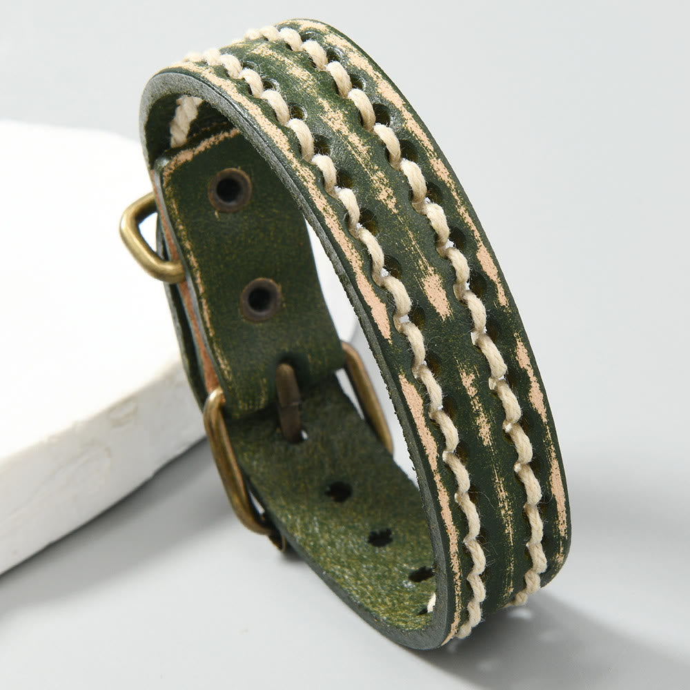 Buddha Stones Vintage leren Armband met verstelbare gesp - Donkergroen (Polsomtrek: 17-20 cm) - image 17