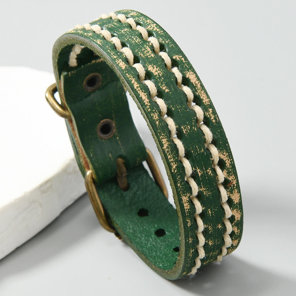 Buddha Stones Vintage leren Armband met verstelbare gesp - Lichtgroen (Polsomtrek: 17-20 cm) - image 0